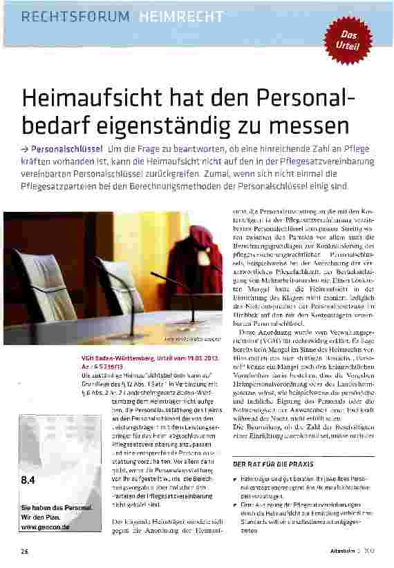 Vorschauseite 1: Heimaufsicht hat den Personalbedarf eigenständig zu messen