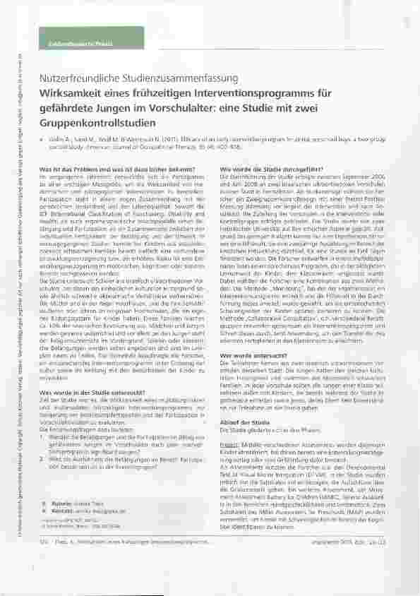 Vorschauseite 1: Nutzerfreundliche Studienzusammenfassung Wirksamkeit eines frühzeitigen Interventionsprogramms für gefährdete Jungen im Vorschulalter: eine Studie mit zwei Gruppenkontrollstudien