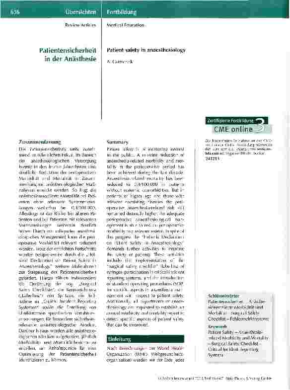 Vorschauseite 1: Patientensicherheit in der Anästhesie
