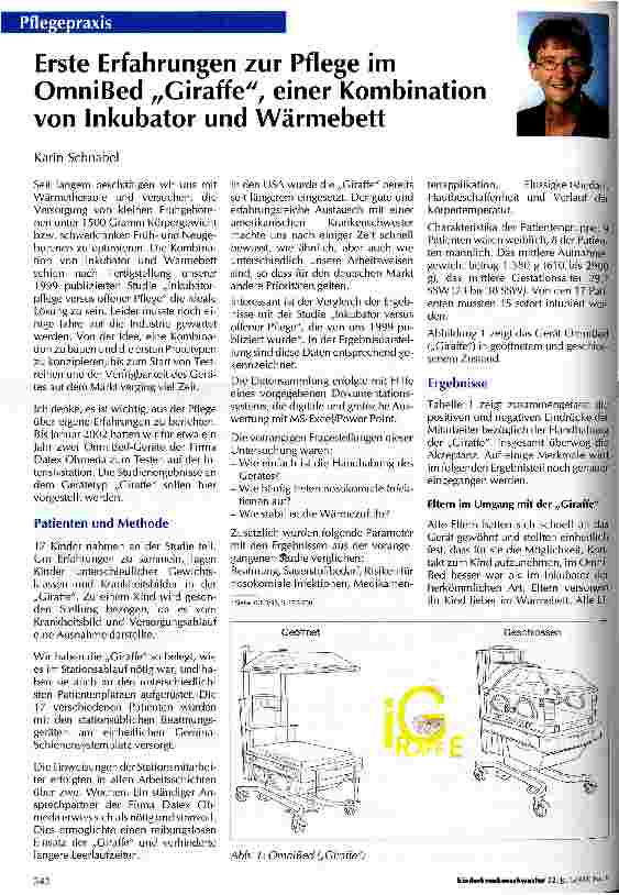 Vorschauseite 1: Erste Erfahrungen zur Pflege im OmniBed Giraffe, einer Kombination von Inkubator und Wärmebett