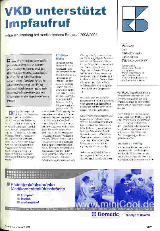 Vorschauseite 1: VKD unterstützt Impfaufruf Influenza-Impfung bei medizinischem Personal 2003/2004