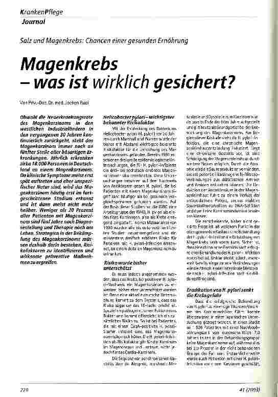 Vorschauseite 1: Magenkrebs - was ist wirklich gesichert?