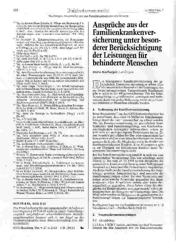 Vorschauseite 1: Ansprüche aus der Familienkrankenver-Sicherung unter besonderer Berücksichtigung der Leistungen für behinderte Menschen