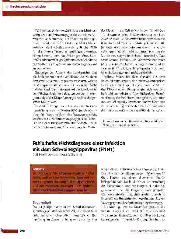 Vorschauseite 1: Fehlerhafte Nichtdiagnose einer Infektion mit dem Schweinegrippevirus (H1N1) OLG Hamm vom 29.7.2013 (3 U 26/13)