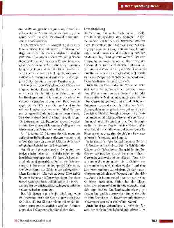Vorschauseite 2: Fehlerhafte Nichtdiagnose einer Infektion mit dem Schweinegrippevirus (H1N1) OLG Hamm vom 29.7.2013 (3 U 26/13)