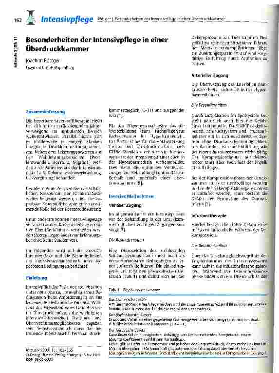Vorschauseite 1: Besonderheiten der Intensivpflege in einer Überdruckkammer
