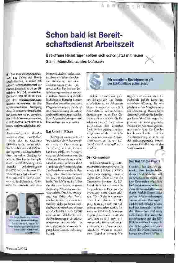 Vorschauseite 1: Schon bald ist Bereitschaftsdienst Arbeitszeit