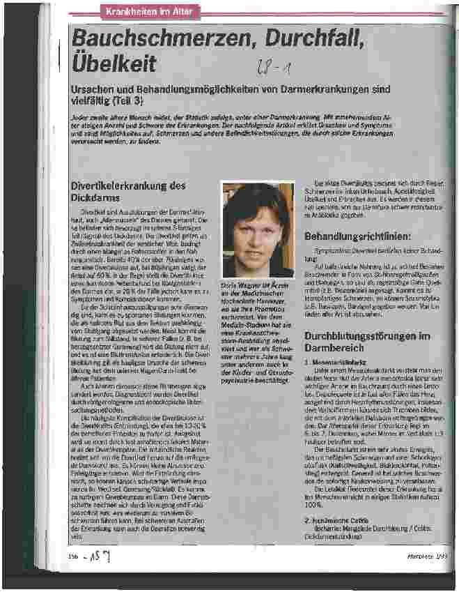 Vorschauseite 1: Bauchschmerzen, Durchfall, Übelkeit Ursachen und Behandlungsmöglichkeiten von Darmerkrankungen sind vielfältig (Teil3)