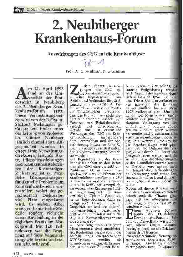 Vorschauseite 1: 2. Neubiberger Krankenhaus-Forum am 21.April 1993 Auswirkungen des GesundheitsStrukturGesetzes auf die Krankenhäuser