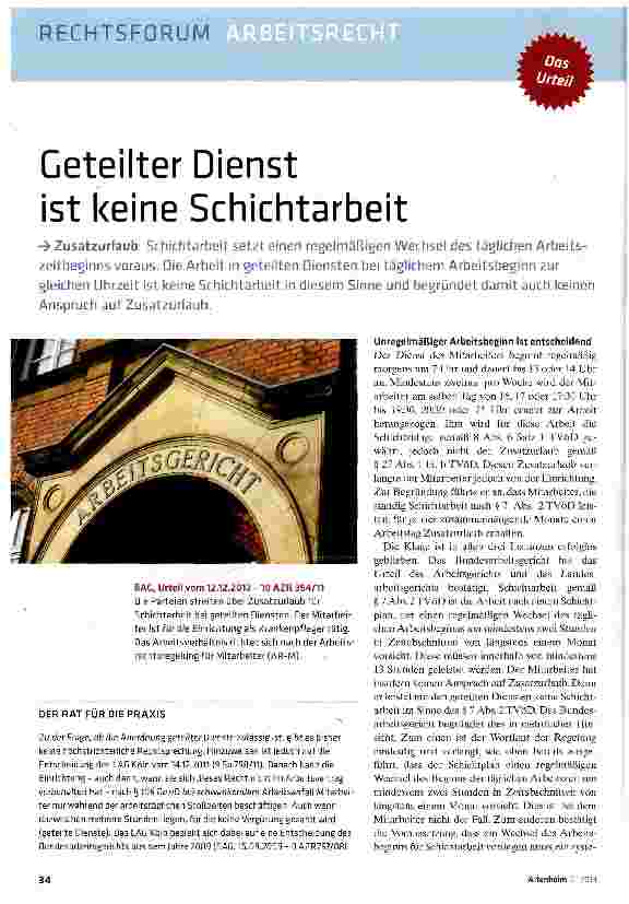 Vorschauseite 1: Geteilter Dienst ist keine Schichtarbeit