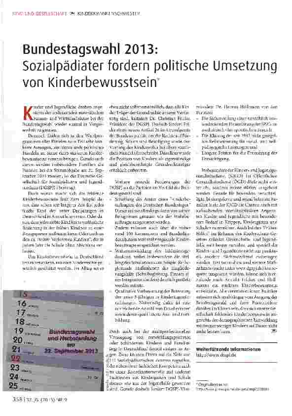 Vorschauseite 1: Bundestagswahl 2013: Sozialpädiater fordern politische Umsetzung von Kinderbewusstsein