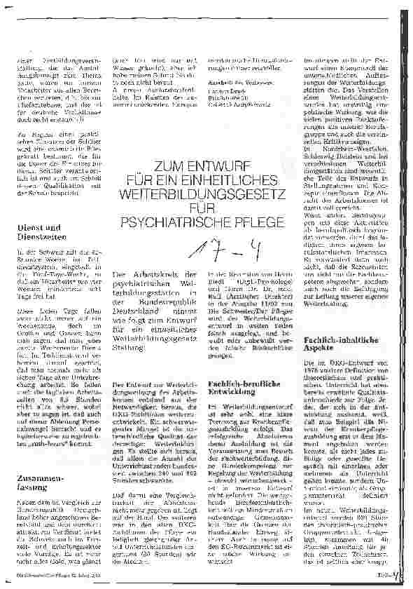 Vorschauseite 1: Zum Entwurf für ein einheitliches Weiterbildungsgesetz für psychiatrische Pflege