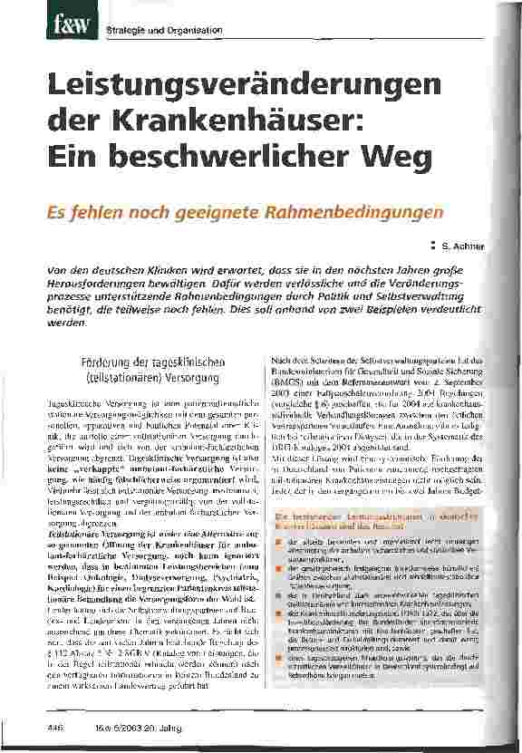 Vorschauseite 1: Leistungsveränderungen der Krankenhäuser: ein beschwerlicher Weg Es fehlen noch geeignete Rahmenbedingungen