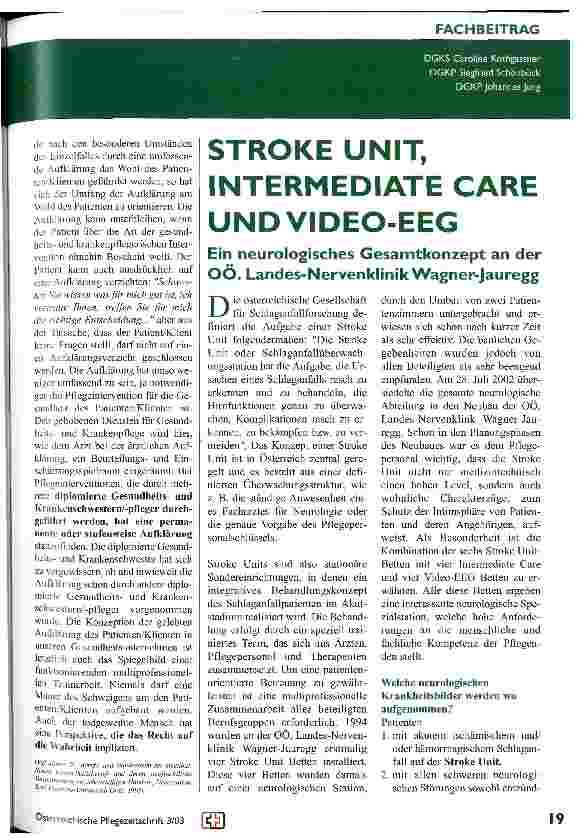 Vorschauseite 1: Stroke Unit, Intermediate Care aund Video-EEG Ein neurologisches Gesamtkonzept an der OÖ. Landes-Nervenklinik Wagner-Jauregg