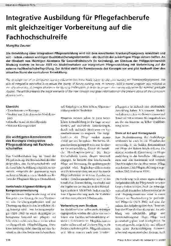 Vorschauseite 1: Integrative Ausbildung für Pflegefachberufe mit gleichzeitiger Vorbereitung auf die Fachhochschulreife