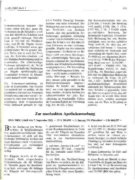 Vorschauseite 1: Zur unerlaubten Apothekenwerbung OVG NRW, Urteil vom 7. September 2001