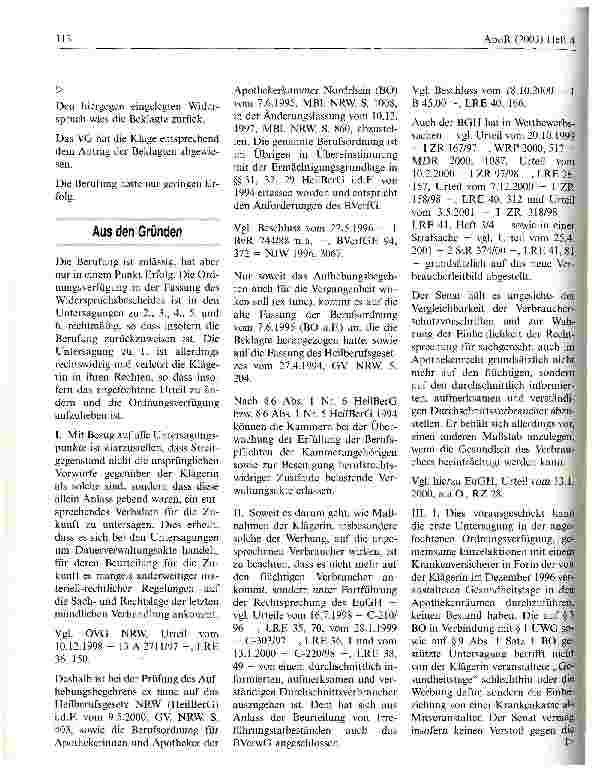 Vorschauseite 2: Zur unerlaubten Apothekenwerbung OVG NRW, Urteil vom 7. September 2001