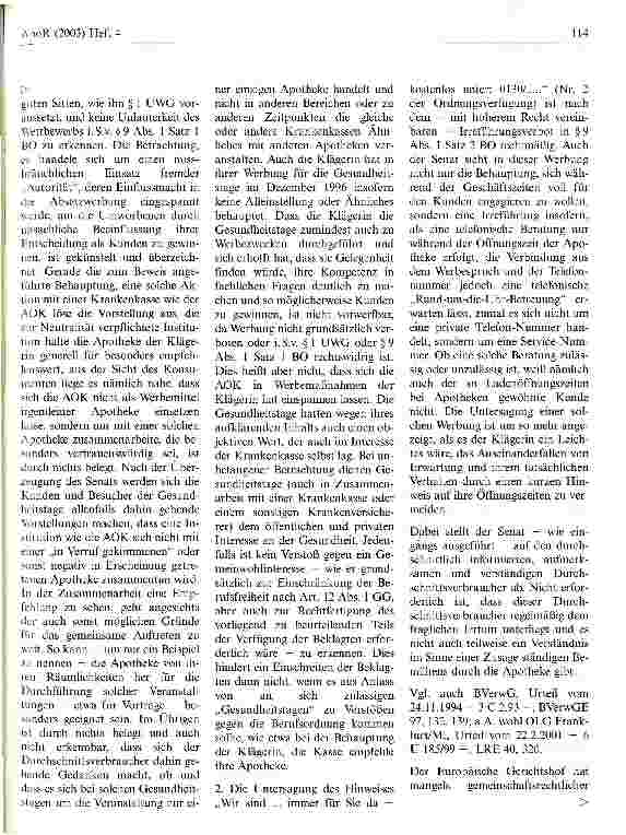 Vorschauseite 3: Zur unerlaubten Apothekenwerbung OVG NRW, Urteil vom 7. September 2001
