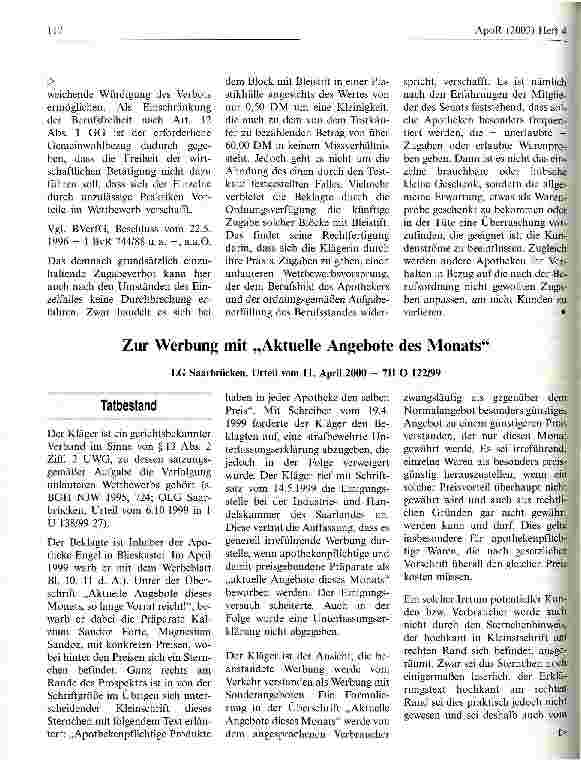 Vorschauseite 6: Zur unerlaubten Apothekenwerbung OVG NRW, Urteil vom 7. September 2001