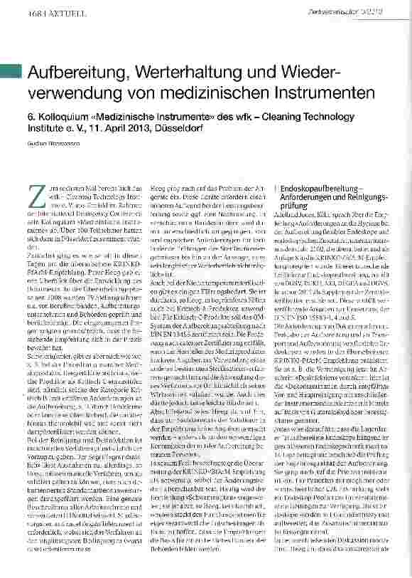 Vorschauseite 1: Aufbereitung, Werterhaltung und Wiederverwendung von medizinischen Instrumenten6. Kolloquium «Medizinische Instrumente» des wfk- Cleaning Technology Institute e. V., 11. April 201…