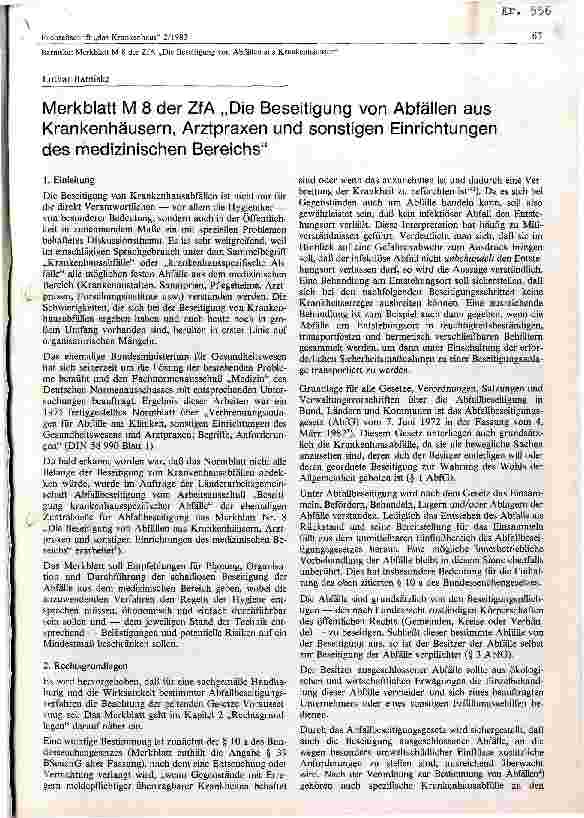 Vorschauseite 1: Merkblatt M8 ZFA Die Beseitigung von Abfällen aus Krankenhäusern, Arztpraxen und sonstigen Einrichtungen des Medizinischen Bereichs