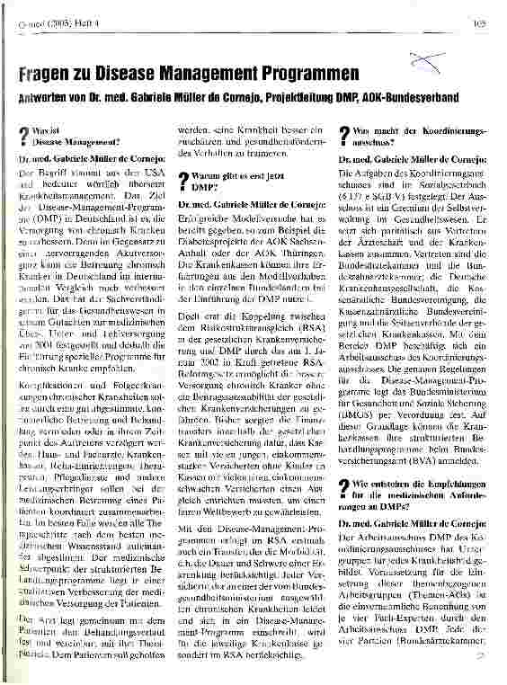 Vorschauseite 1: Fragen zu Disease Management Programmen Antworten von Dr. med. Gabriele Müller de Cornejo, Projektleitung DMP, AOK-Bundesverband