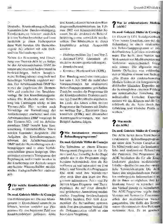 Vorschauseite 2: Fragen zu Disease Management Programmen Antworten von Dr. med. Gabriele Müller de Cornejo, Projektleitung DMP, AOK-Bundesverband