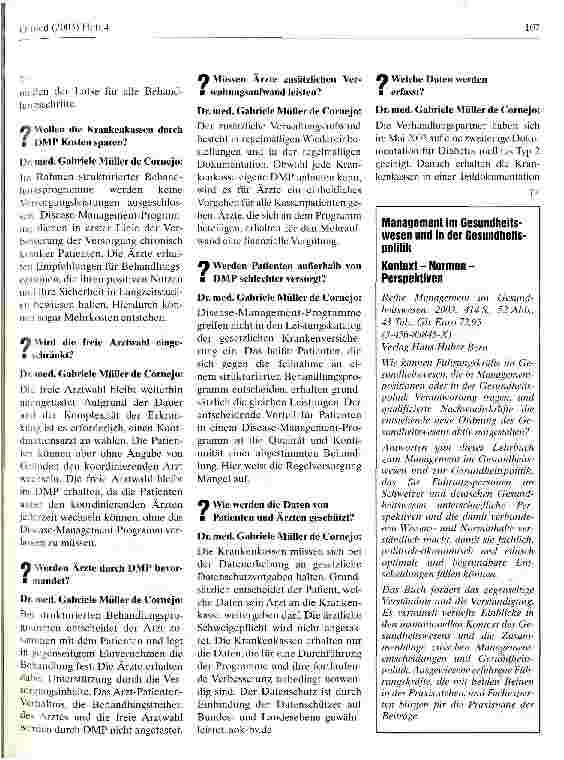 Vorschauseite 3: Fragen zu Disease Management Programmen Antworten von Dr. med. Gabriele Müller de Cornejo, Projektleitung DMP, AOK-Bundesverband