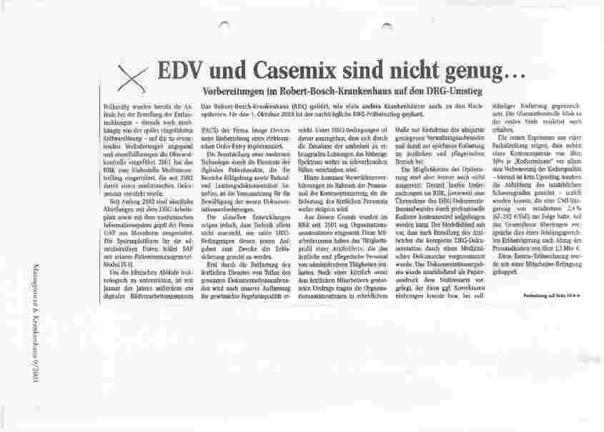 Vorschauseite 1: EDV und Casemix sind nicht genug... Vorbereitungen im Robert-Bosch-Krankenhaus auf den DRG-Umstieg