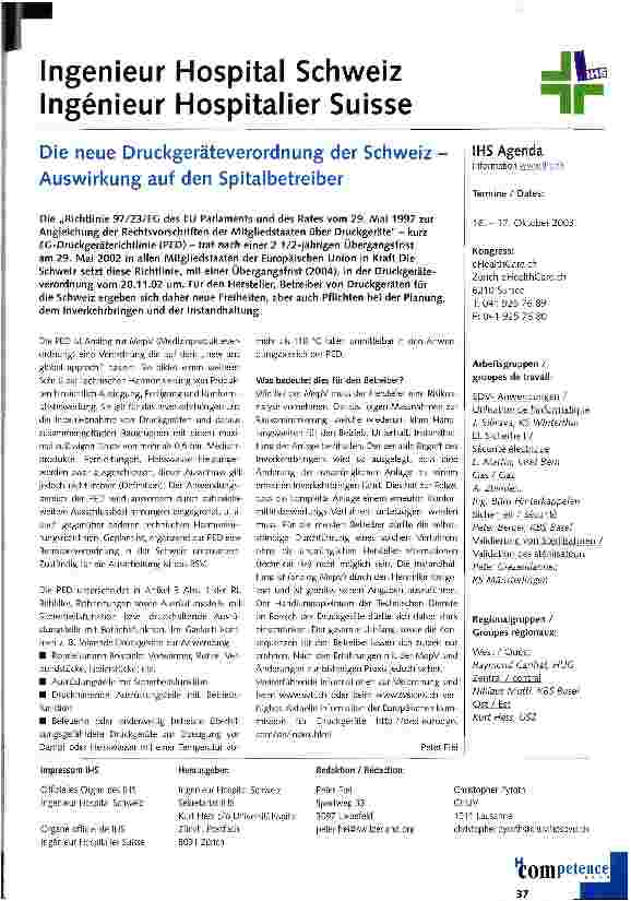 Vorschauseite 1: Die neue Druckgeräteverordnung der Schweiz - Auswirkung auf den Spitalbetreiber