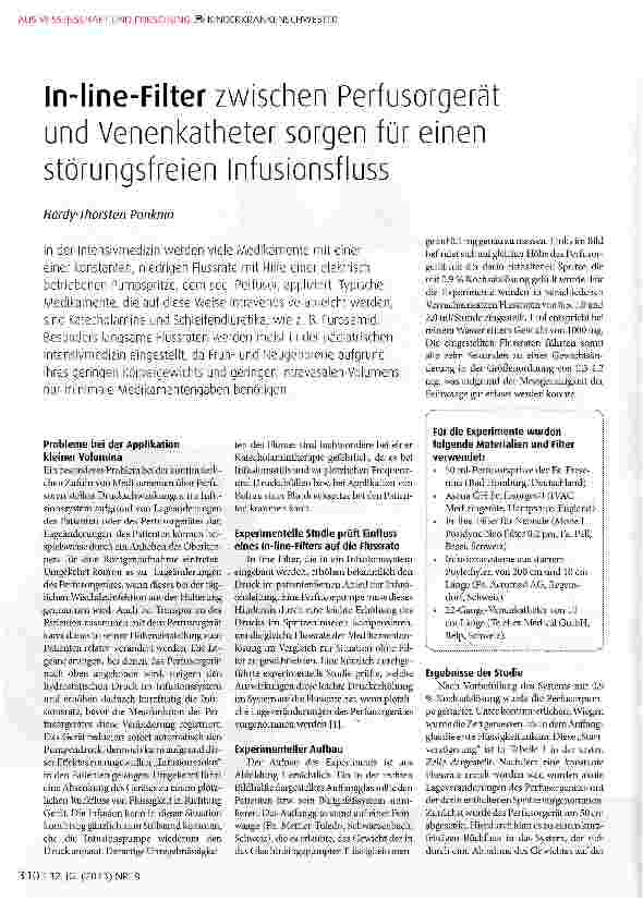 Vorschauseite 1: In-Iine-Filter zwischen Perfusorgerät und Venenkatheter sorgen für einen störungsfreien Infusionsfluss