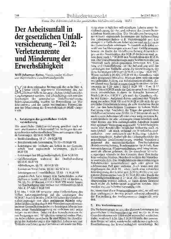 Vorschauseite 1: Der Arbeitsunfall in der gesetzlichen Unfallversicherung - Teil 2: Verletztenrente und Minderung der Erwerbsfähigkeit