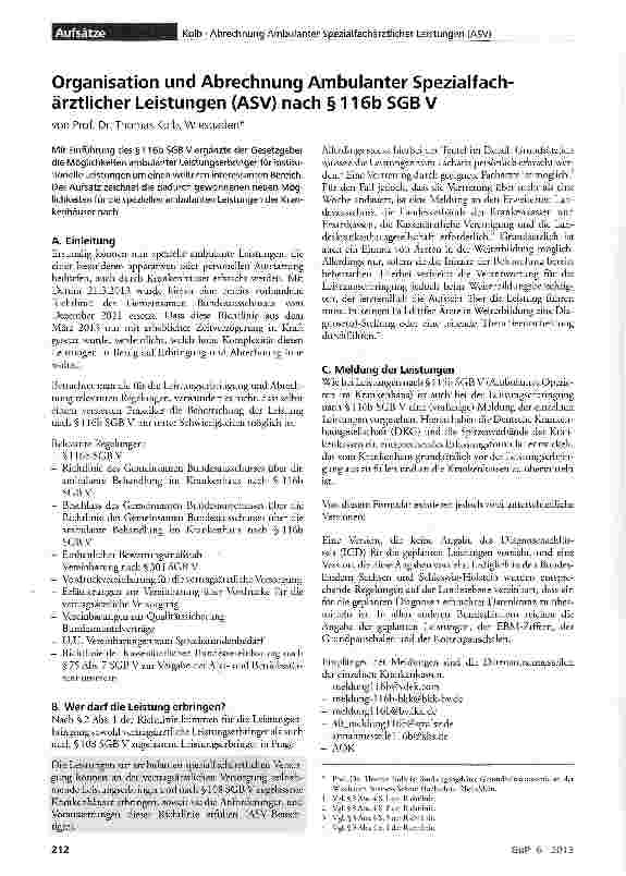Vorschauseite 1: Organisation und Abrechnung Ambulanter Spezialfachärztlicher Leistungen (ASV) nach § 116b SGB V