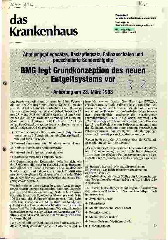 Vorschauseite 1: BMG legt Grundkonzeption des neuen Entgeltsystems vor Anhörung am 23. März 1993