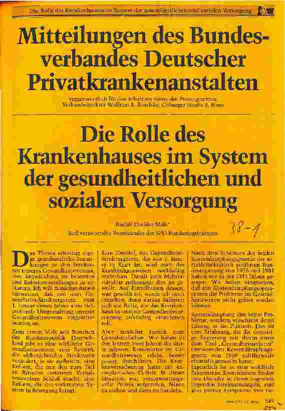 Vorschauseite 1: Mitteilungen des Bundesverbandes Deutscher Privatkrankenanstalten Die Rolle des Kh im System der gesundheitl.und sozialen Versorgung