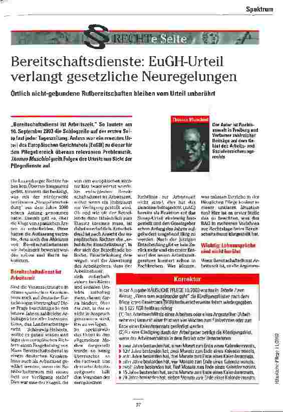 Vorschauseite 1: Bereitschaftsdienste: EuGH-Urteil verlangt gesetzliche Neuregelungen