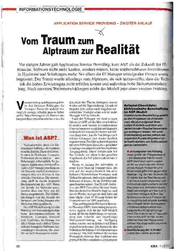 Vorschauseite 1: Vom Traum zum Alptraum zur Realität Application Service Providing - Zweiter Anlauf