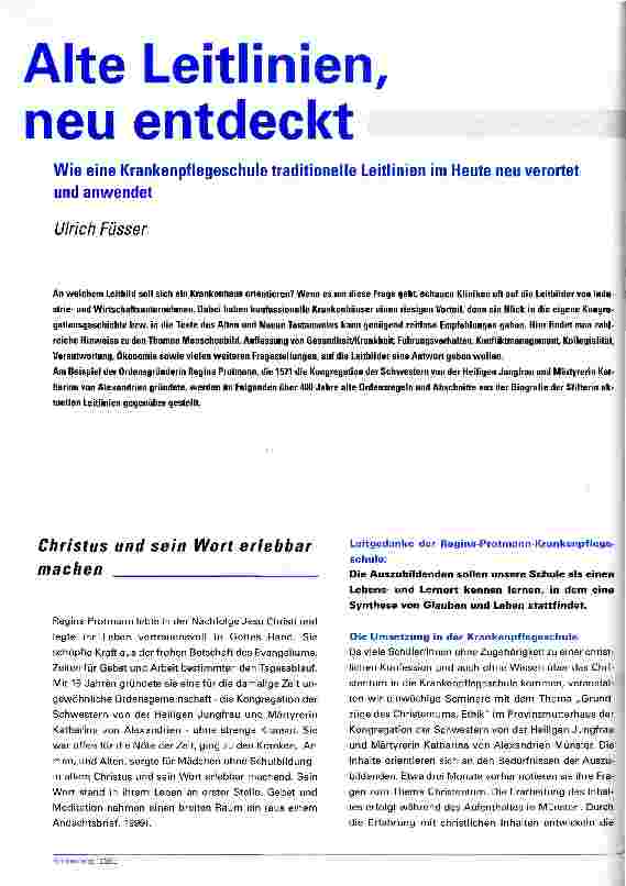 Vorschauseite 1: Alte Leitlinien, neu entdeckt Wie eine Krankenpflegeschule traditionelle Leitlinien im Heute neu verortet und anwendet