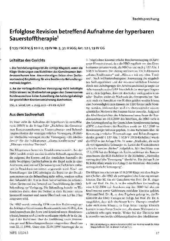 Vorschauseite 1: Erfolglose Revision betreffend Aufnahme der hyperbaren Sauerstofftherapie§ 135 I SGB V; § 10 II 2, 29 IV Nr. 3, 31II SGG; Art. 12 1, 19 IV GG