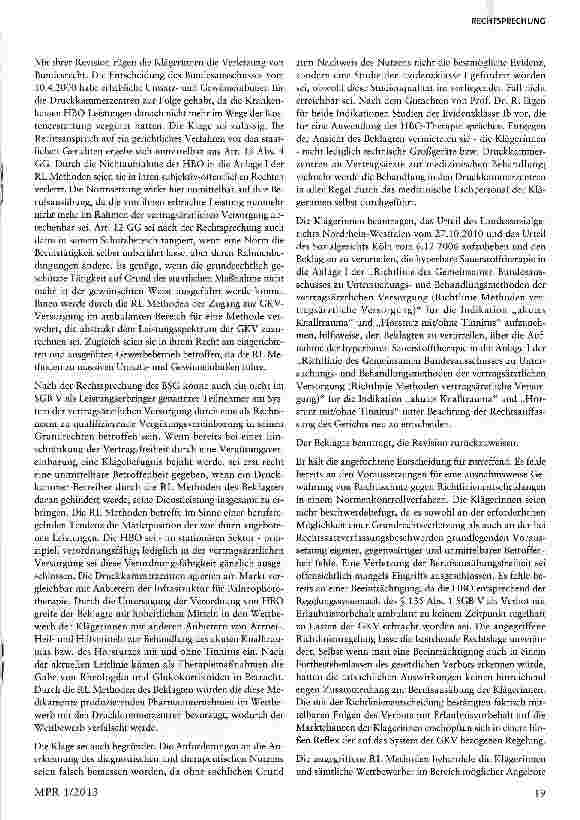 Vorschauseite 3: Erfolglose Revision betreffend Aufnahme der hyperbaren Sauerstofftherapie§ 135 I SGB V; § 10 II 2, 29 IV Nr. 3, 31II SGG; Art. 12 1, 19 IV GG