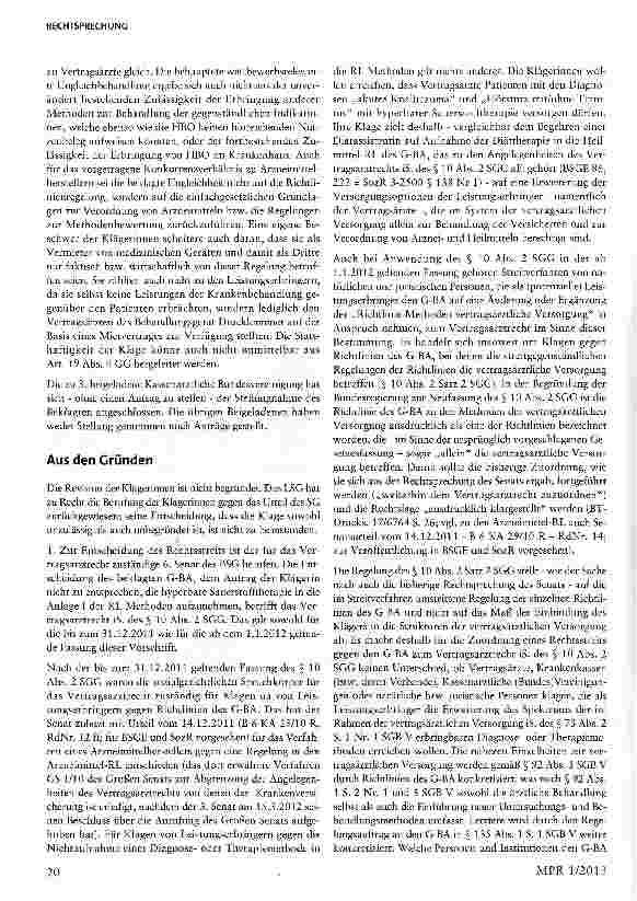 Vorschauseite 4: Erfolglose Revision betreffend Aufnahme der hyperbaren Sauerstofftherapie§ 135 I SGB V; § 10 II 2, 29 IV Nr. 3, 31II SGG; Art. 12 1, 19 IV GG