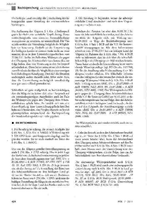 Vorschauseite 6: Zum Fortbestand des Arbeitsverhältnisses nach einem Teilbetriebsübergang