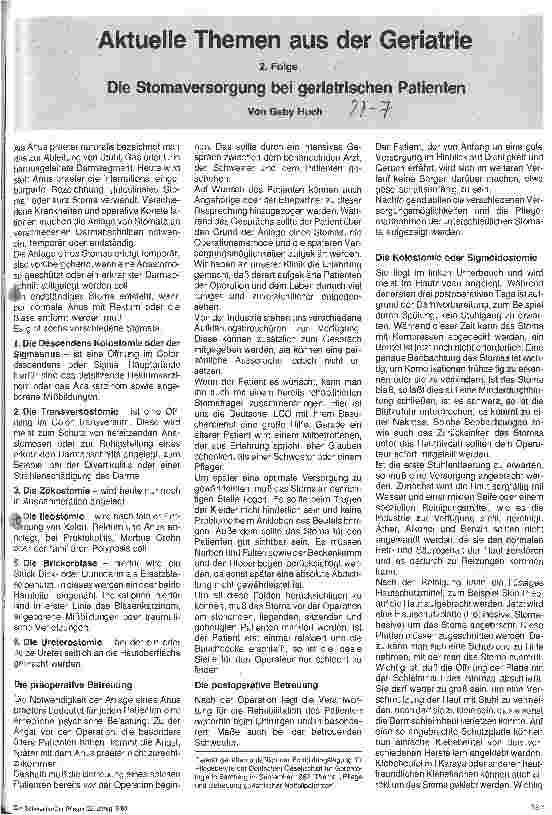 Vorschauseite 1: Aktuelle Themen aus der Geriatrie Die Stomaversorgung bei geriatrischen Patienten