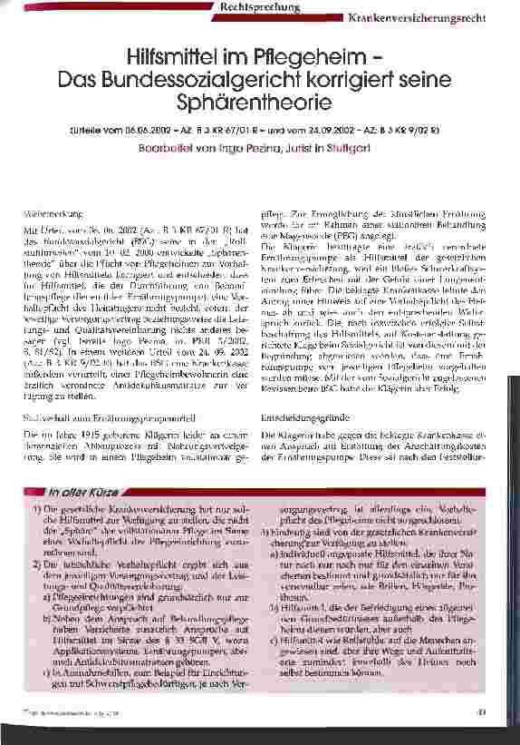 Vorschauseite 1: Hilfsmittel im Pflegeheim Das Bundessozialgericht korrigiert seine Sphärentheorie