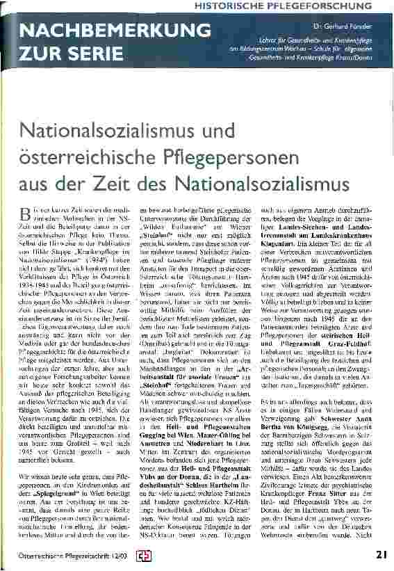Vorschauseite 1: Nationalsozialismus und österreichische Pflegepersonen aus der Zeit des Nationalsozialismus Nachbemerkung zur Serie