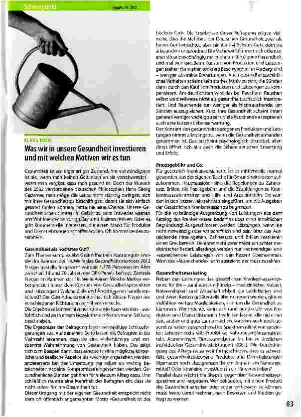 Vorschauseite 1: Was wir in unsere Gesundheit investieren und mit welchen Motiven wir es tun