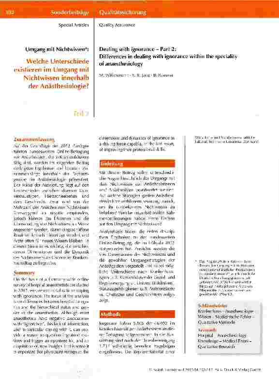 Vorschauseite 1: Welche Unterschiede existieren im Umgang mit Nichtwissen innerhalb der Anästhesiologie?Teil 2