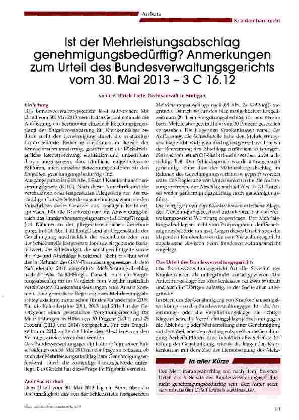 Vorschauseite 1: Ist der Mehrleistungsabschlag genehmigungsbedürftig? Anmerkungen zum Urteil des Bundesverwaltungsgerichts vom 30. Mai 2013-3 C 16. 12