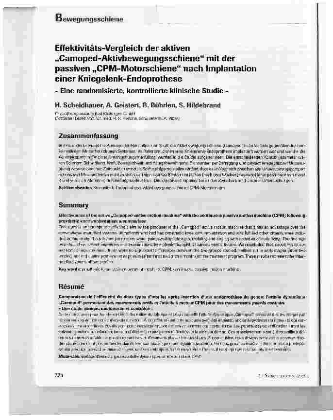 Vorschauseite 1: Effektivitäts-Vergleich der aktiven Camoped-Aktivbewegungsschiene mit der passiven CPM-Motorschiene nach Implantation einer Kniegelenk-Endoprothese
