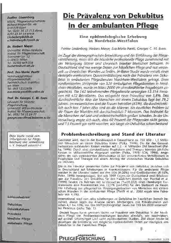 Vorschauseite 1: Die Prävalenz von Dekubitus in der ambulanten Pflege Eine epidemiologische Erhebung in Nordrhein-Westfalen